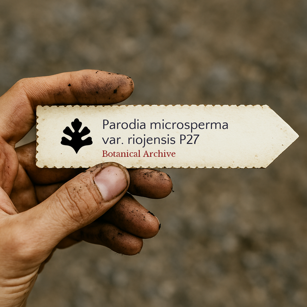 Printed plant label for Parodia microsperma var. riojensis held by dirty hand outdoors