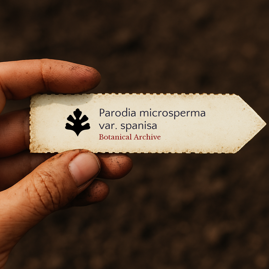 Printed plant label for Parodia microsperma var. spanisa held by dirty hand over soil background
