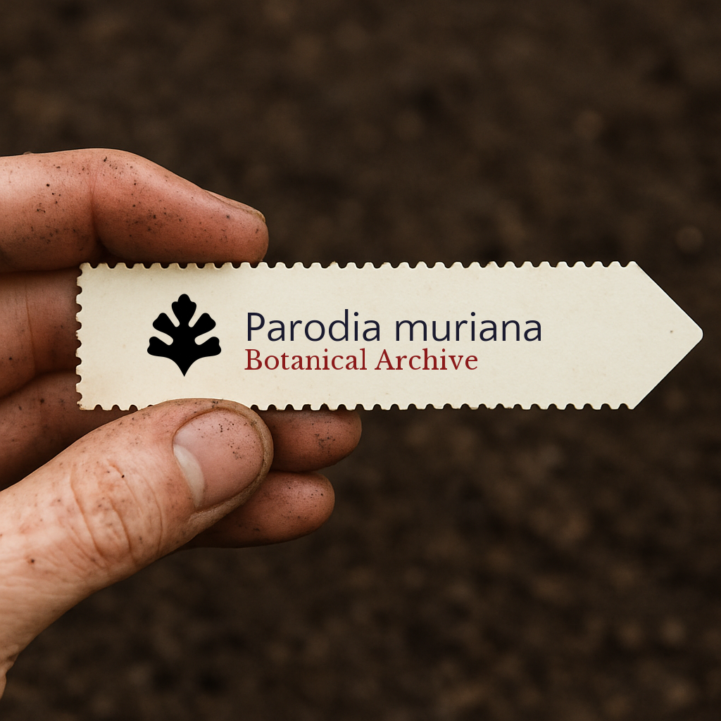 Etichetta per pianta stampata per Parodia muriana su sfondo di terra