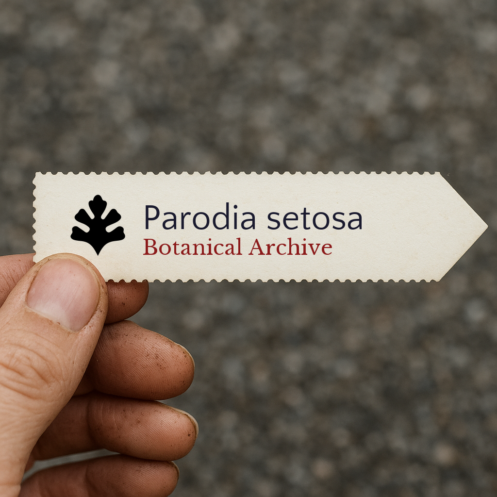 Printed plant label for Parodia setosa with botanical archive logo held by hand