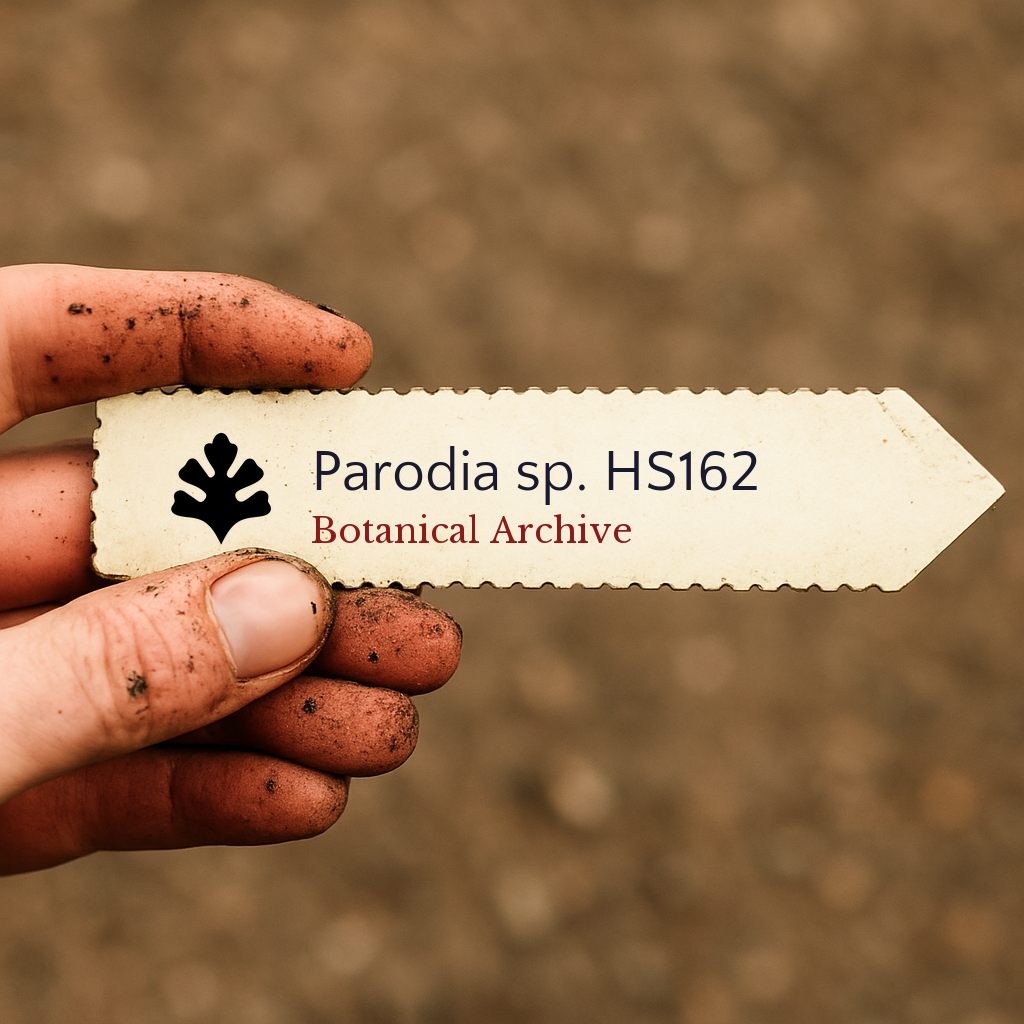 Printed plant label for Parodia sp. HS162 held by hand with soil on fingers