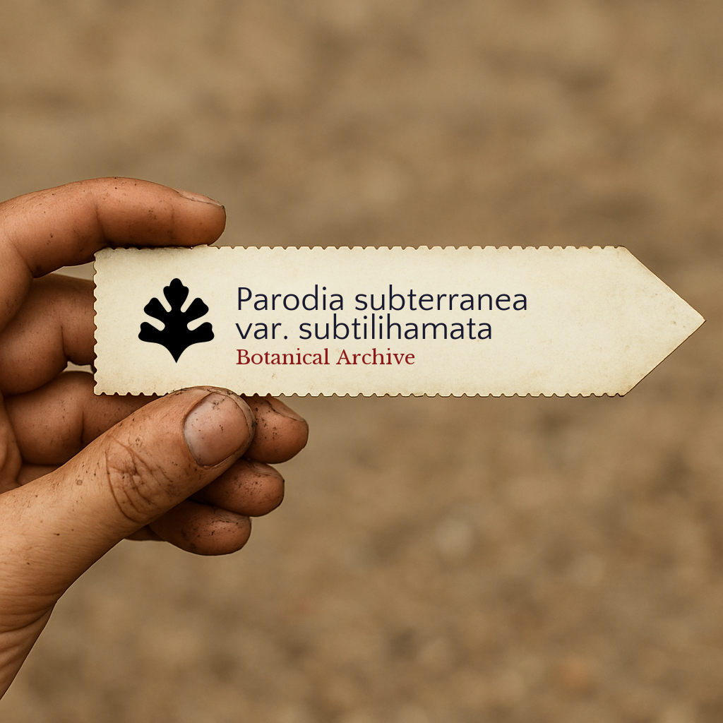 Printed plant label for Parodia subterranea var. subtilihamata held by dirty hand outdoors