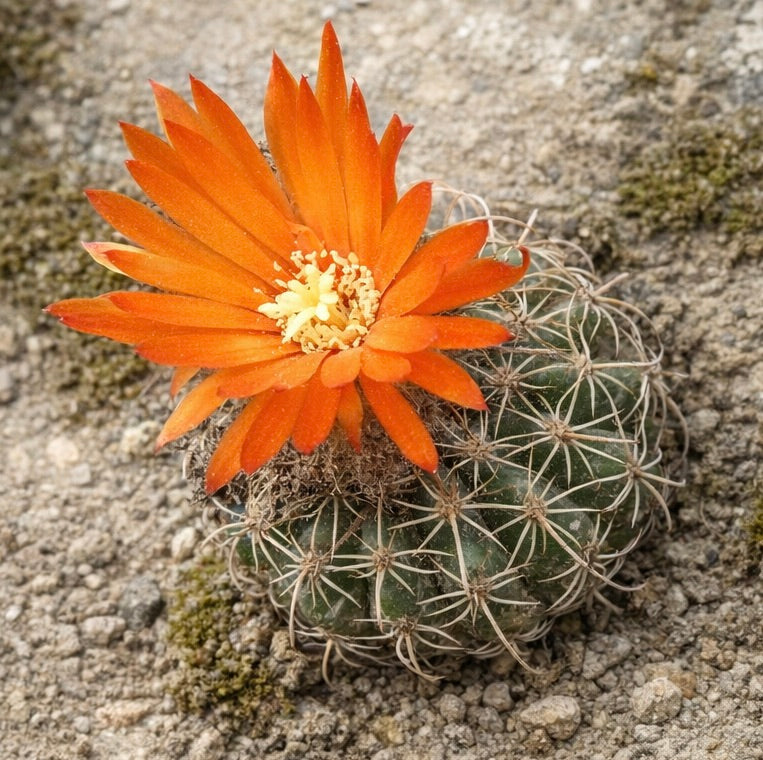 Parodia mairanana cactus with bright orange flower and spiny green body on soil