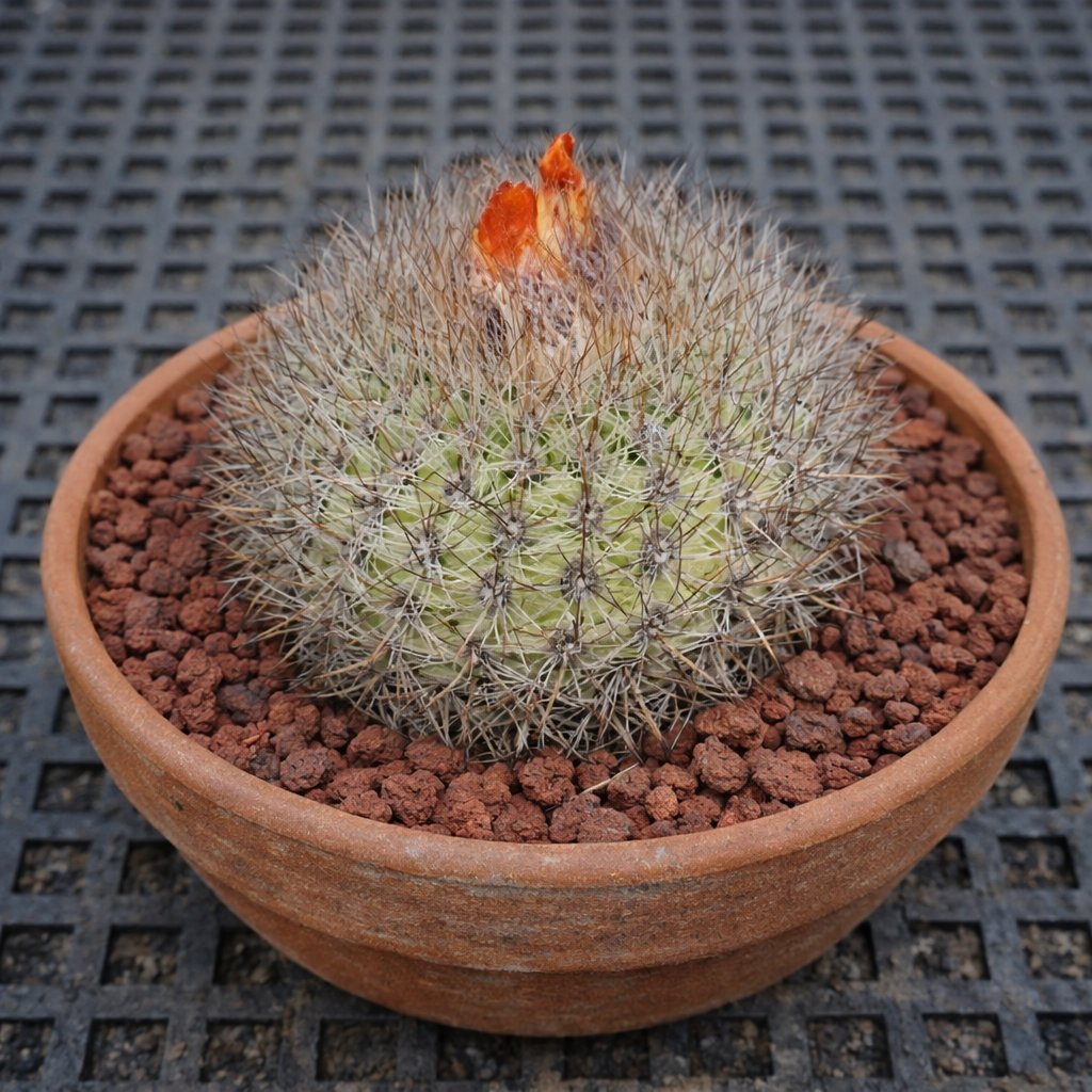 Parodia pseudostuermeri piccolo cactus rotondo con spine dense e boccioli di fiori arancioni in vaso di terracotta