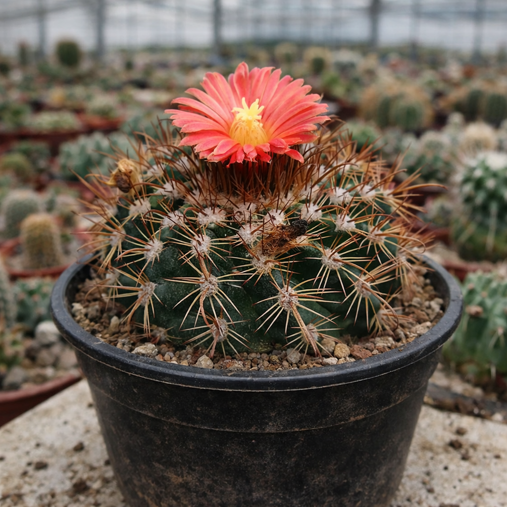 Parodia schwebsiana cactus with bright coral flower and sharp spines in black pot