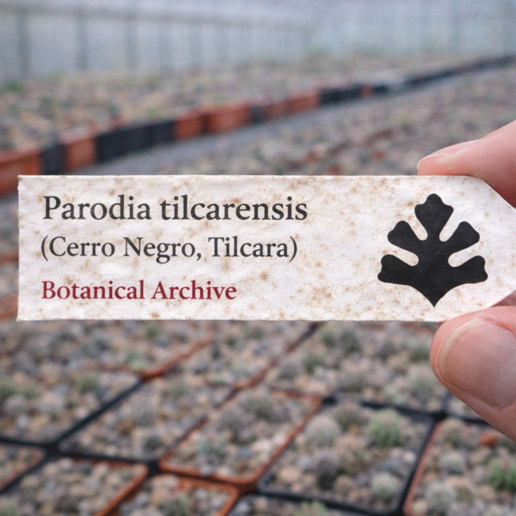 Printed plant label for Parodia tilcarensis held in greenhouse with cactus seedlings background