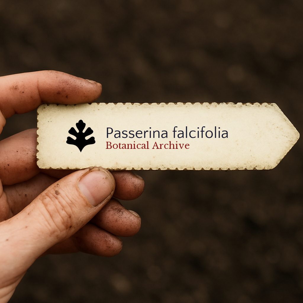 Printed plant label for Passerina falcifolia held by dirty hand over soil background