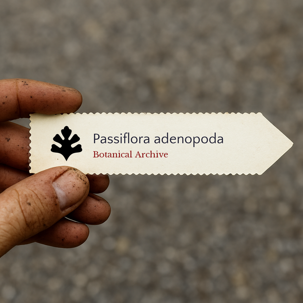 Printed plant label for Passiflora adenopoda held by hand with soil-stained fingers
