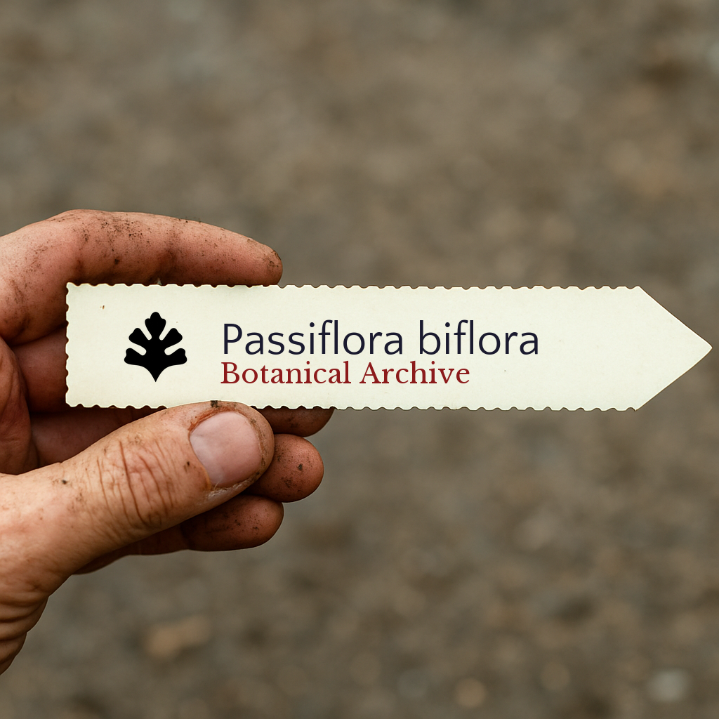 Etichetta stampata per pianta di Passiflora biflora tenuta da un giardiniere con dita sporche di terra