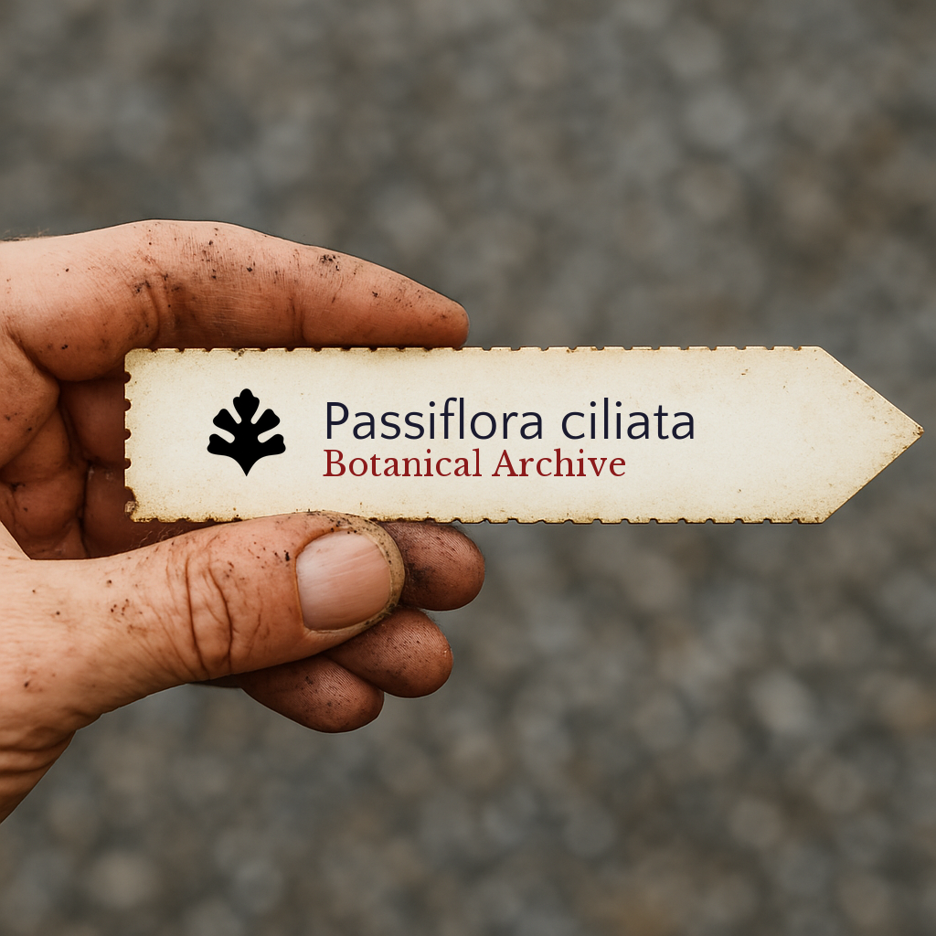 Printed plant label for Passiflora ciliata held by a dirt-covered hand