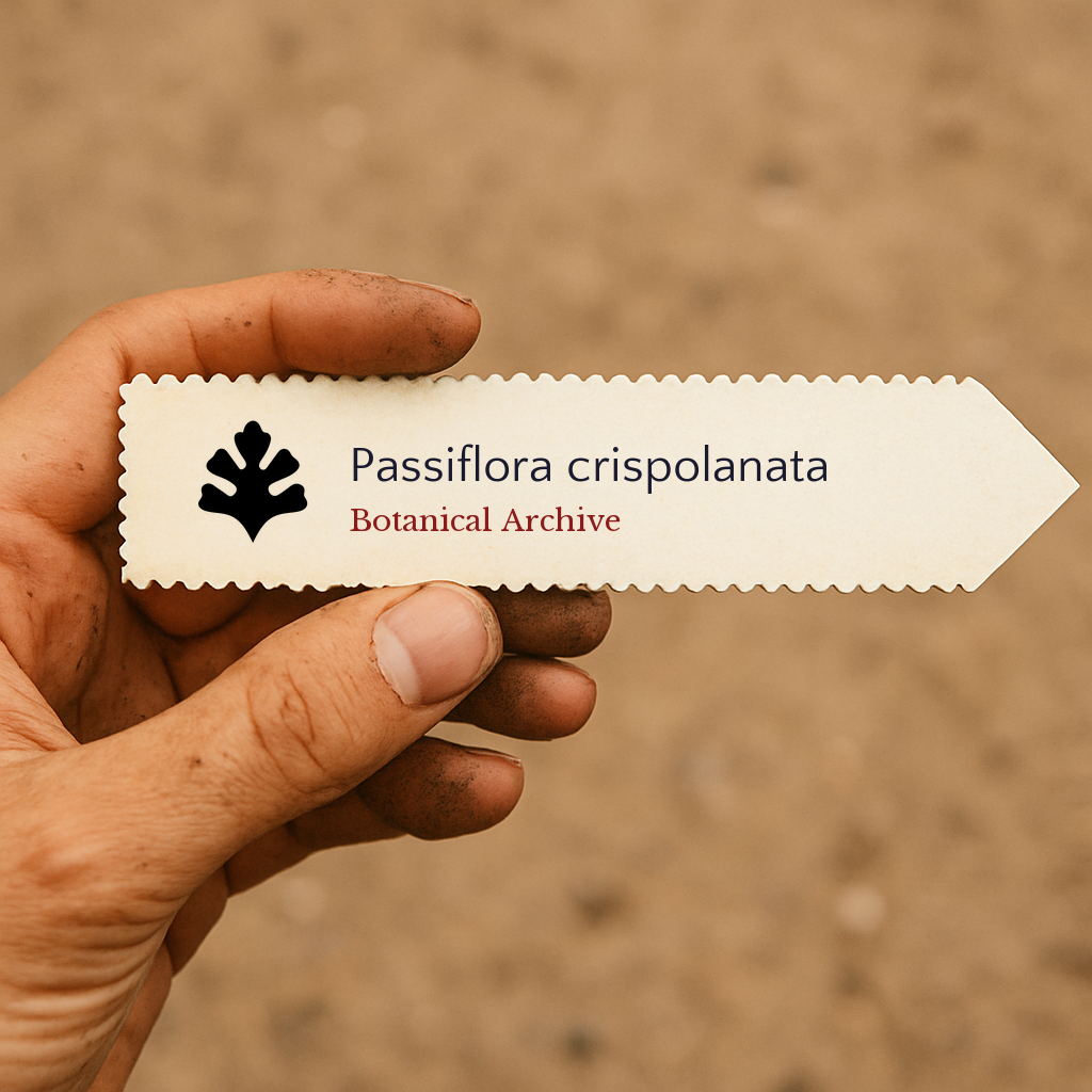 Etichetta per pianta stampata per Passiflora crispolanata tenuta da mano sporca all'aperto