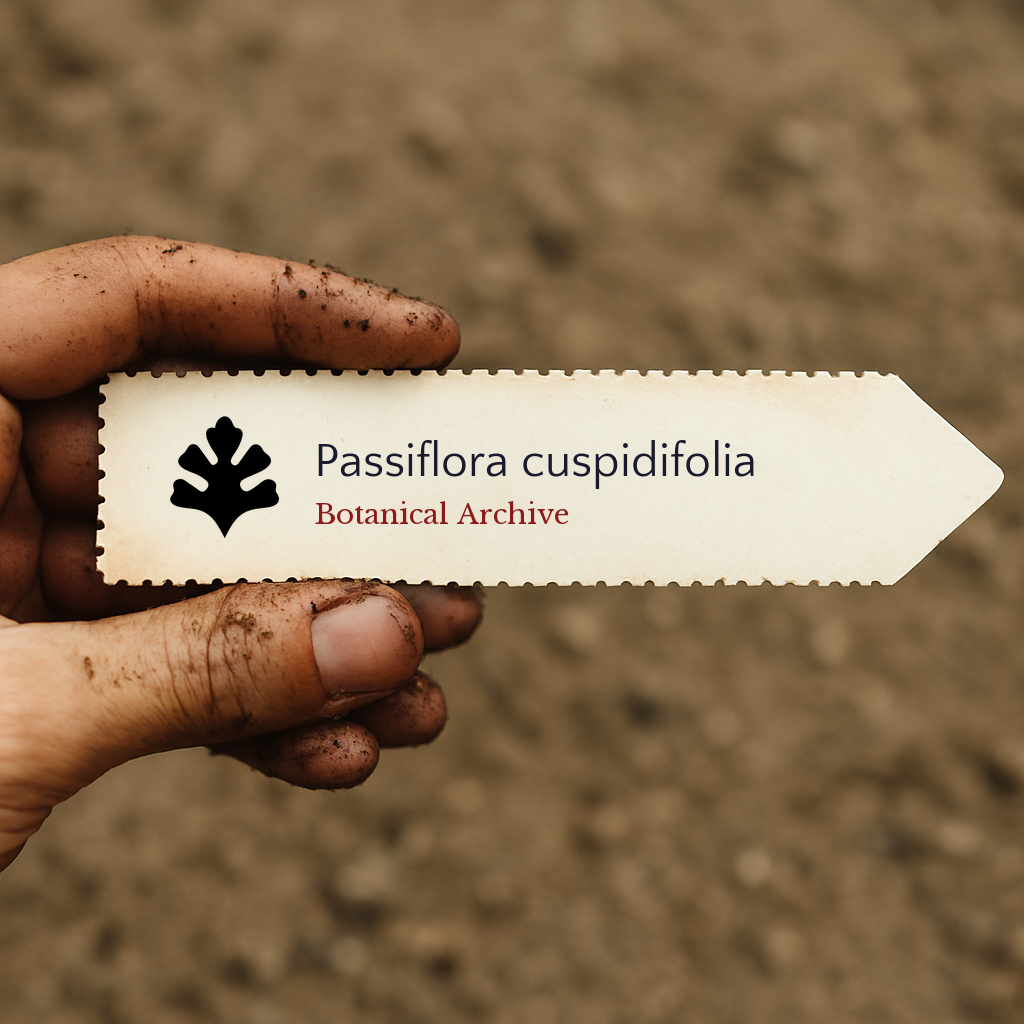 Etichetta stampata per pianta di Passiflora cuspidifolia tenuta da una mano sporca contro uno sfondo di terra