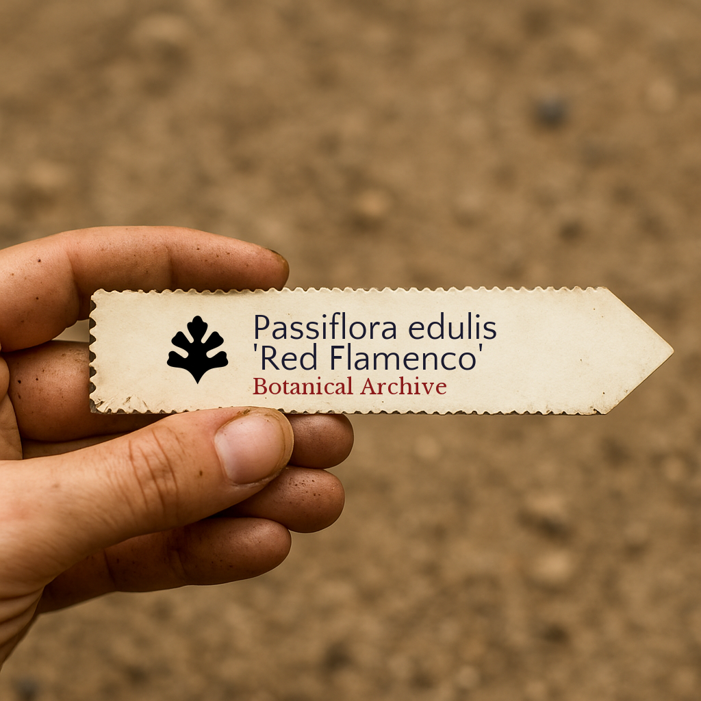 Printed plant label for Passiflora edulis 'Red Flamenco' held over soil background