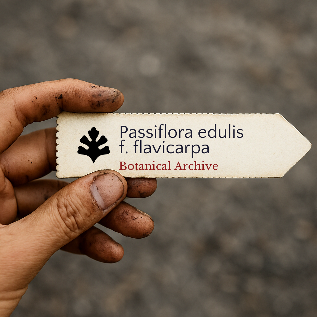 Etichetta stampata per pianta di Passiflora edulis f. flavicarpa tenuta da mano sporca all'aperto