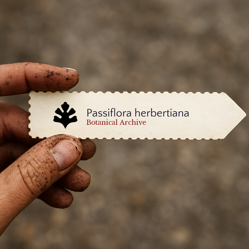 Printed plant label for Passiflora herbertiana held by dirty hand on blurred background