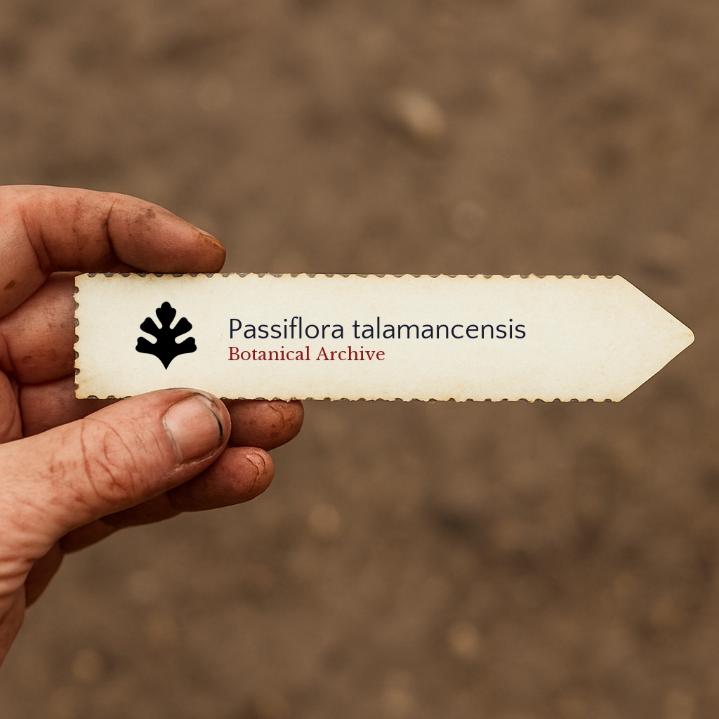 Printed plant label for Passiflora talamancensis held by hand with soil background