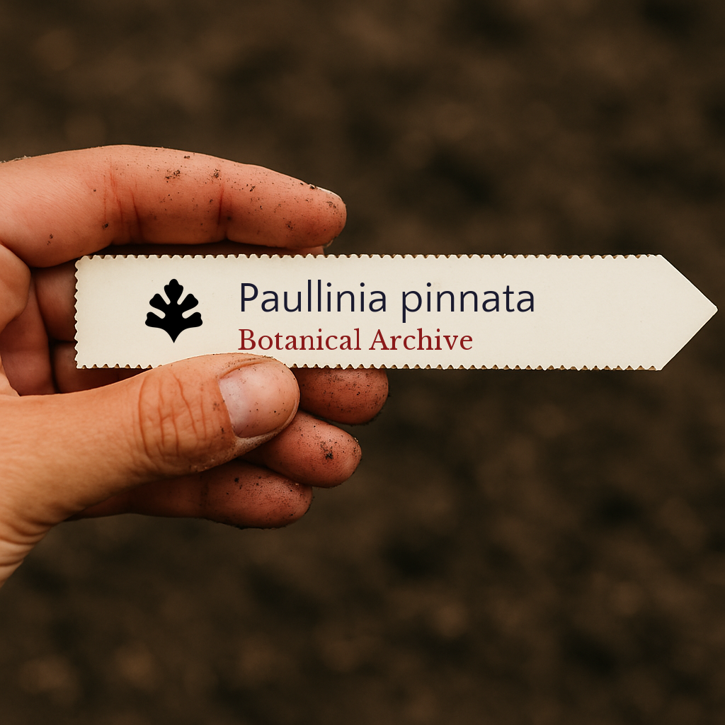 Etichetta per pianta stampata per Paullinia pinnata tenuta in mano con sfondo di terreno