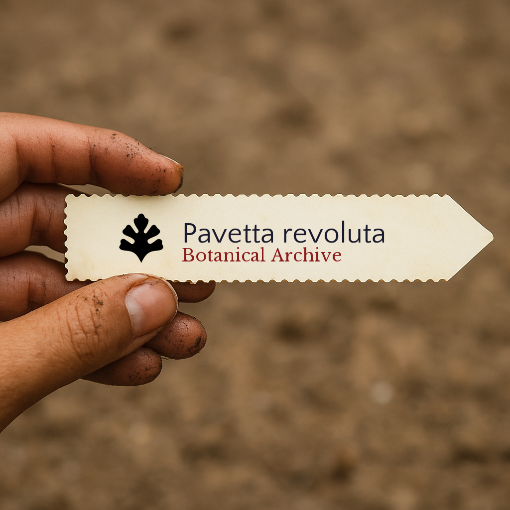 Etichetta stampata per pianta di Pavetta revoluta tenuta a mano su sfondo di terreno
