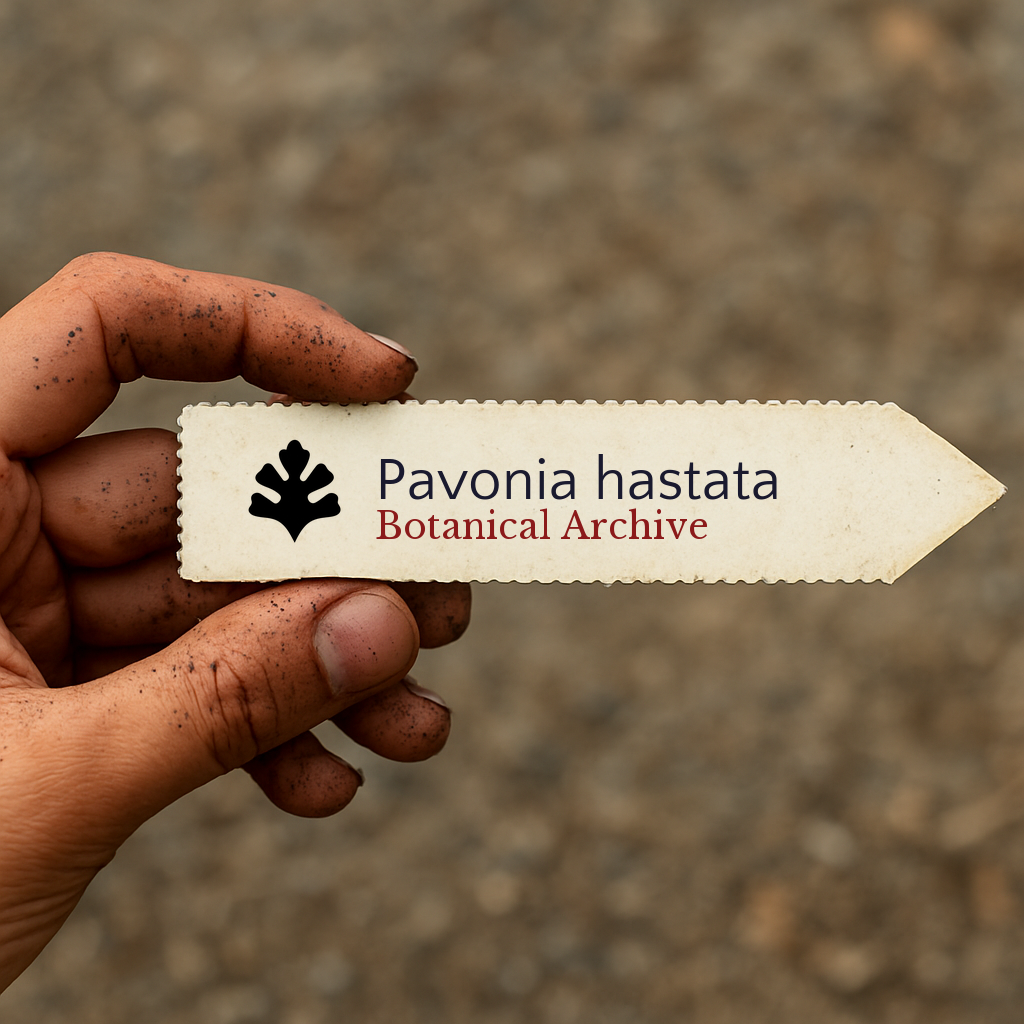 Printed plant label for Pavonia hastata held by dirty hand on blurred background