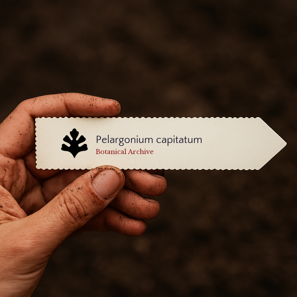 Etichetta per pianta stampata per Pelargonium capitatum tenuta da mano sporca contro sfondo di terreno