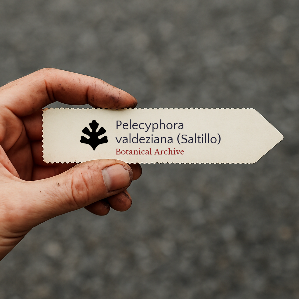 Printed plant label for Pelecyphora valdeziana (Saltillo) held in hand with dirt-stained fingers