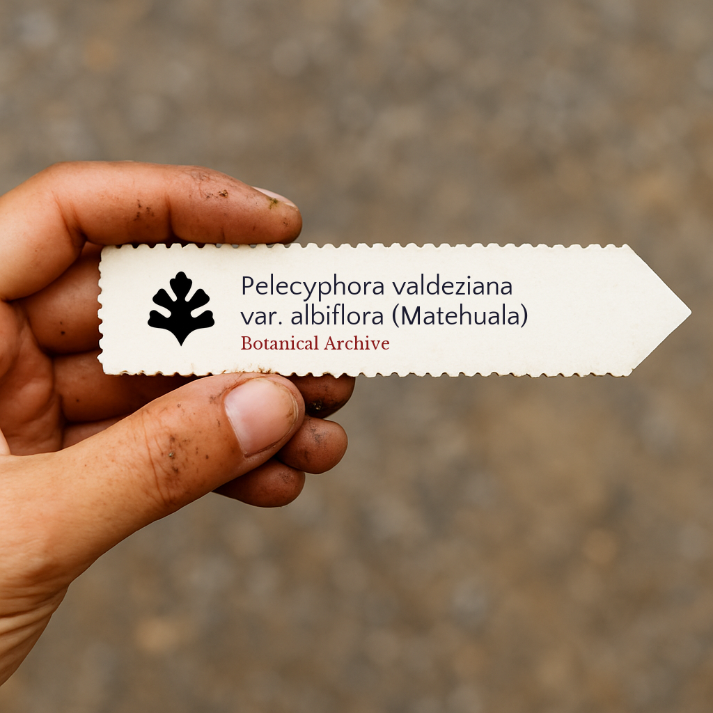 Printed plant label for Pelecyphora valdeziana var. albiflora held by hand with dirt background