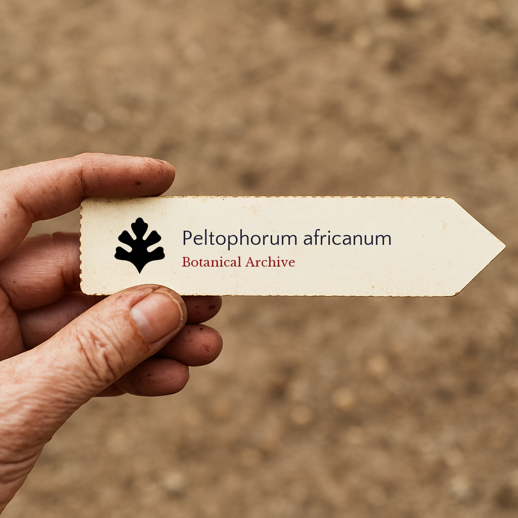 Printed plant label for Peltophorum africanum held by hand over soil background