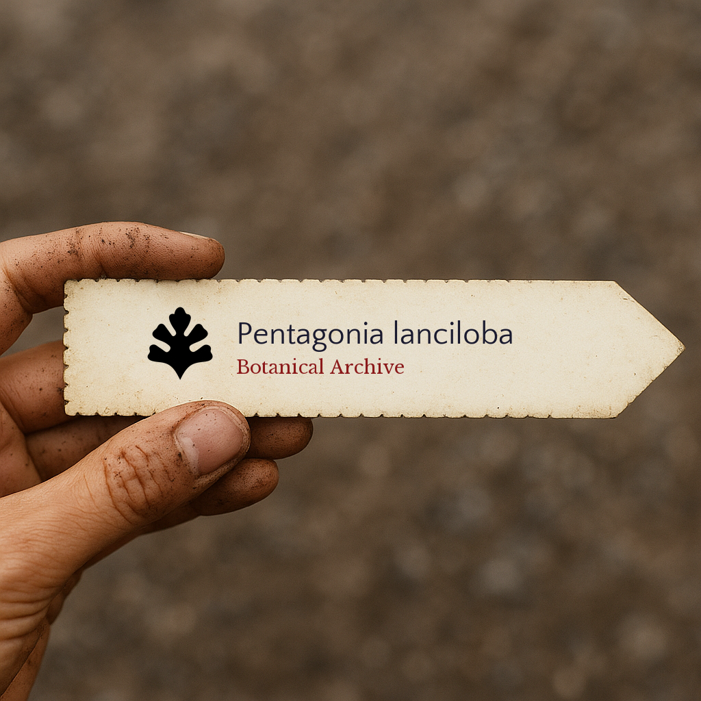 Etichetta per pianta stampata per Pentagonia lanciloba tenuta a mano con dita macchiate di terra