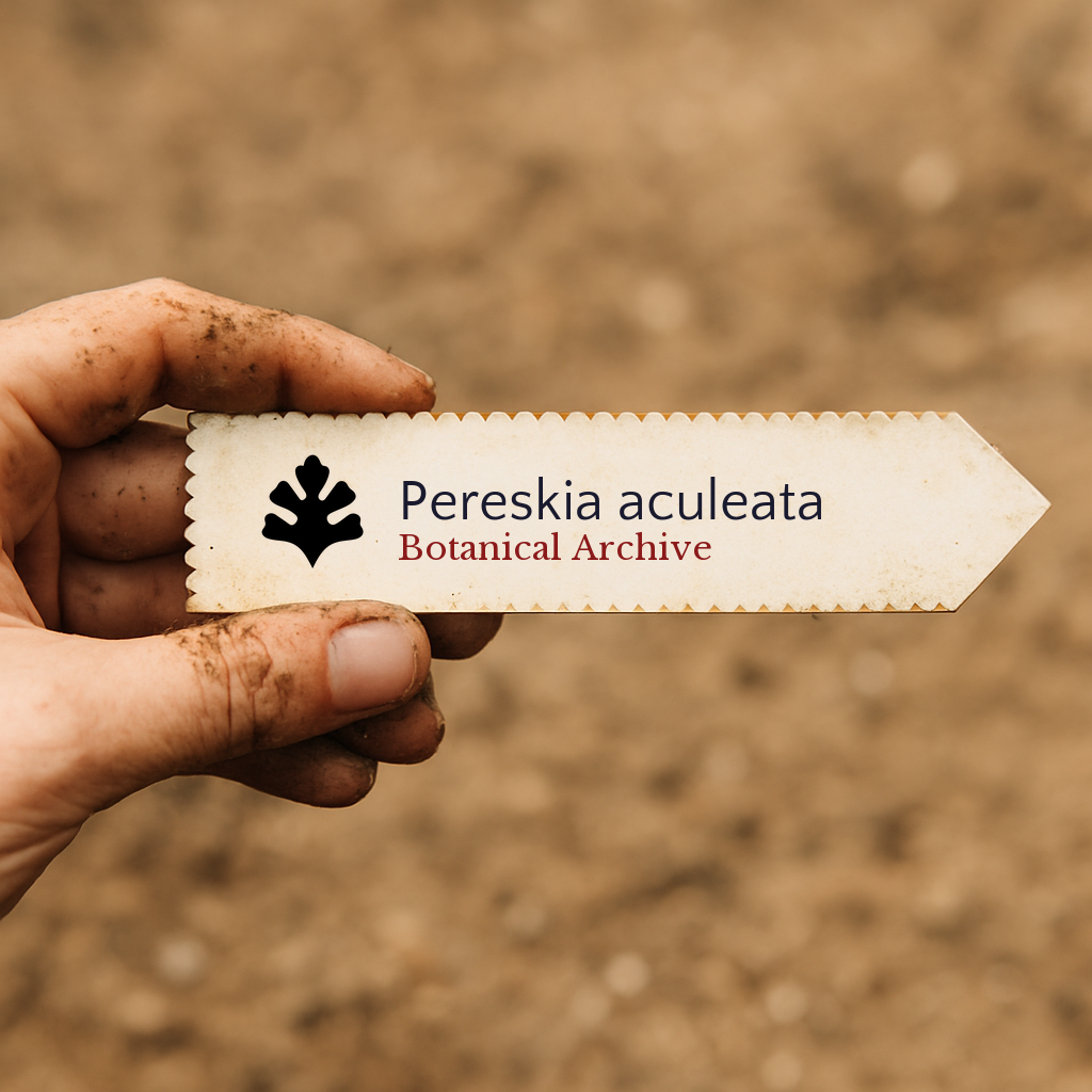 Printed plant label for Pereskia aculeata held by dirty hand with soil background