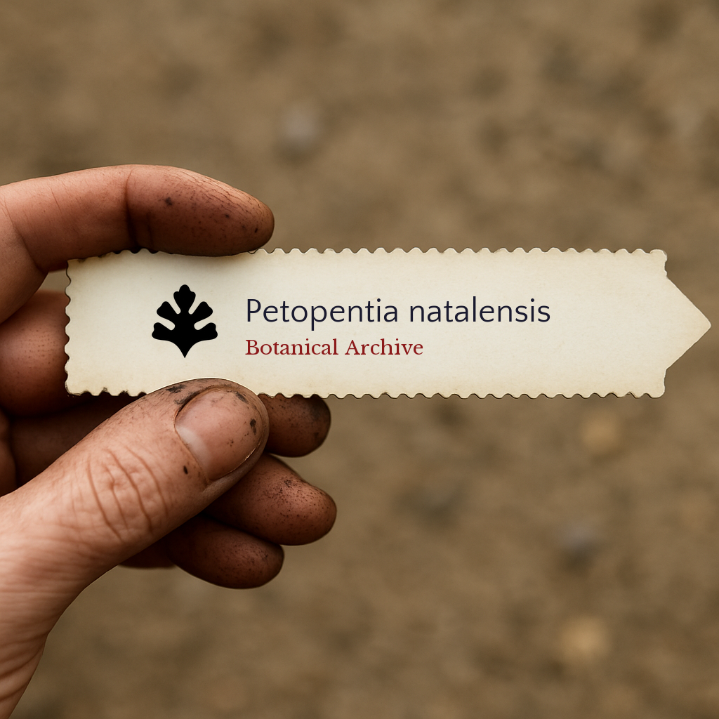 Printed plant label for Petopentia natalensis with botanical archive logo held by hand
