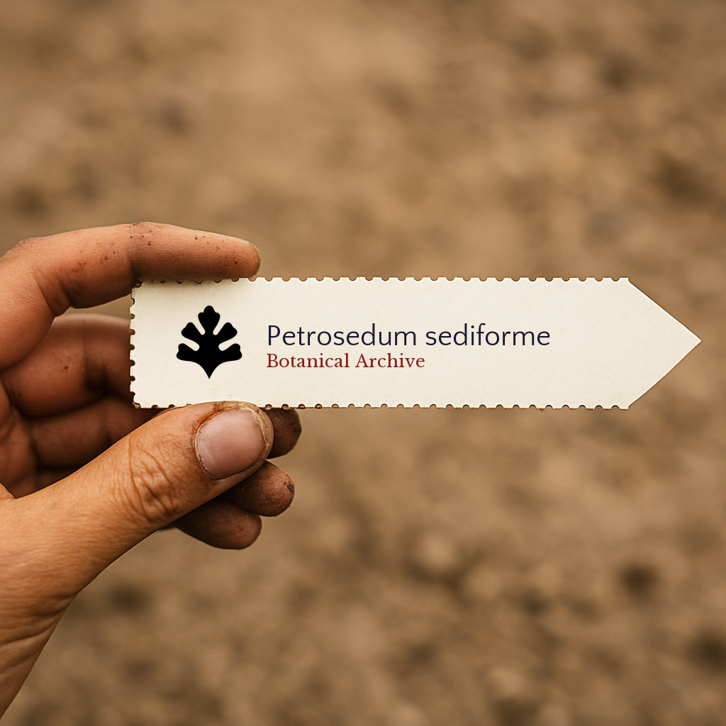 Printed plant label for Petrosedum sediforme held by hand with soil background