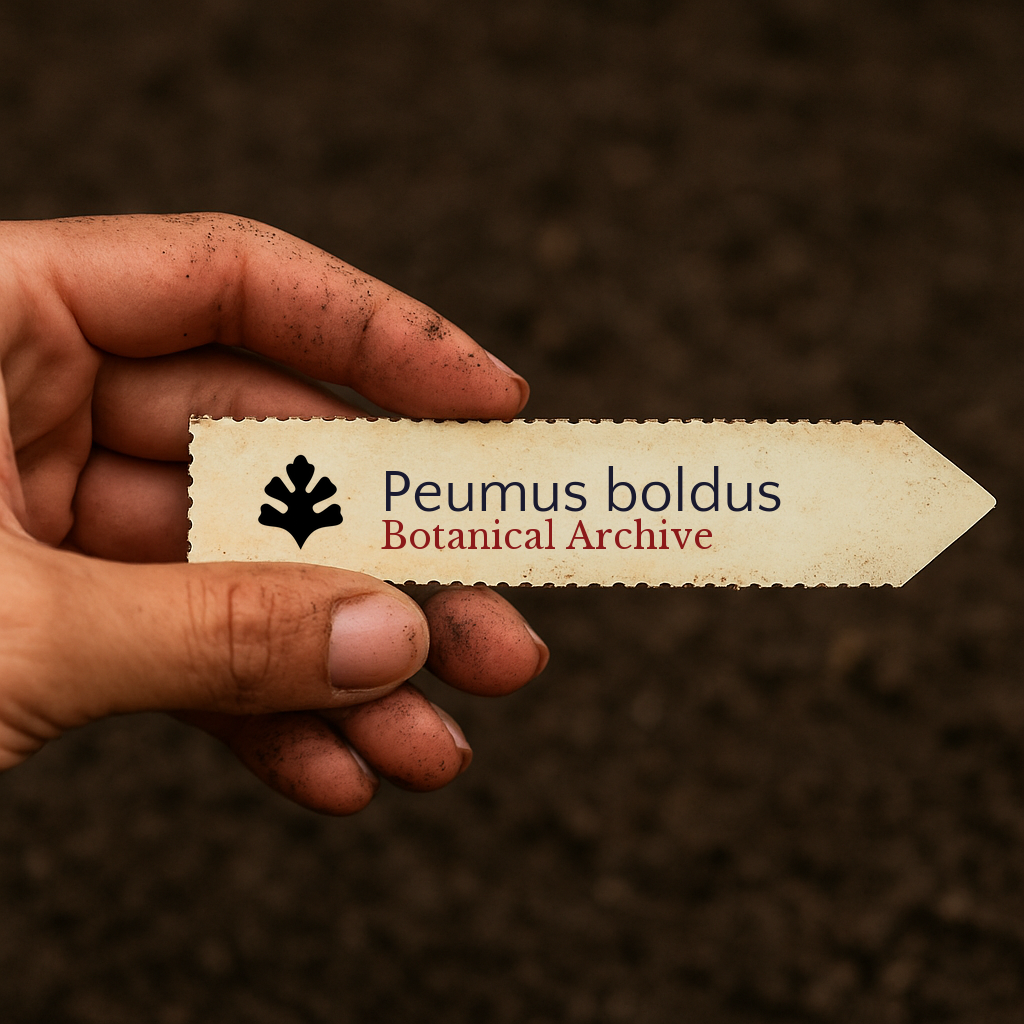 Printed plant label for Peumus boldus held by dirty hand over soil background