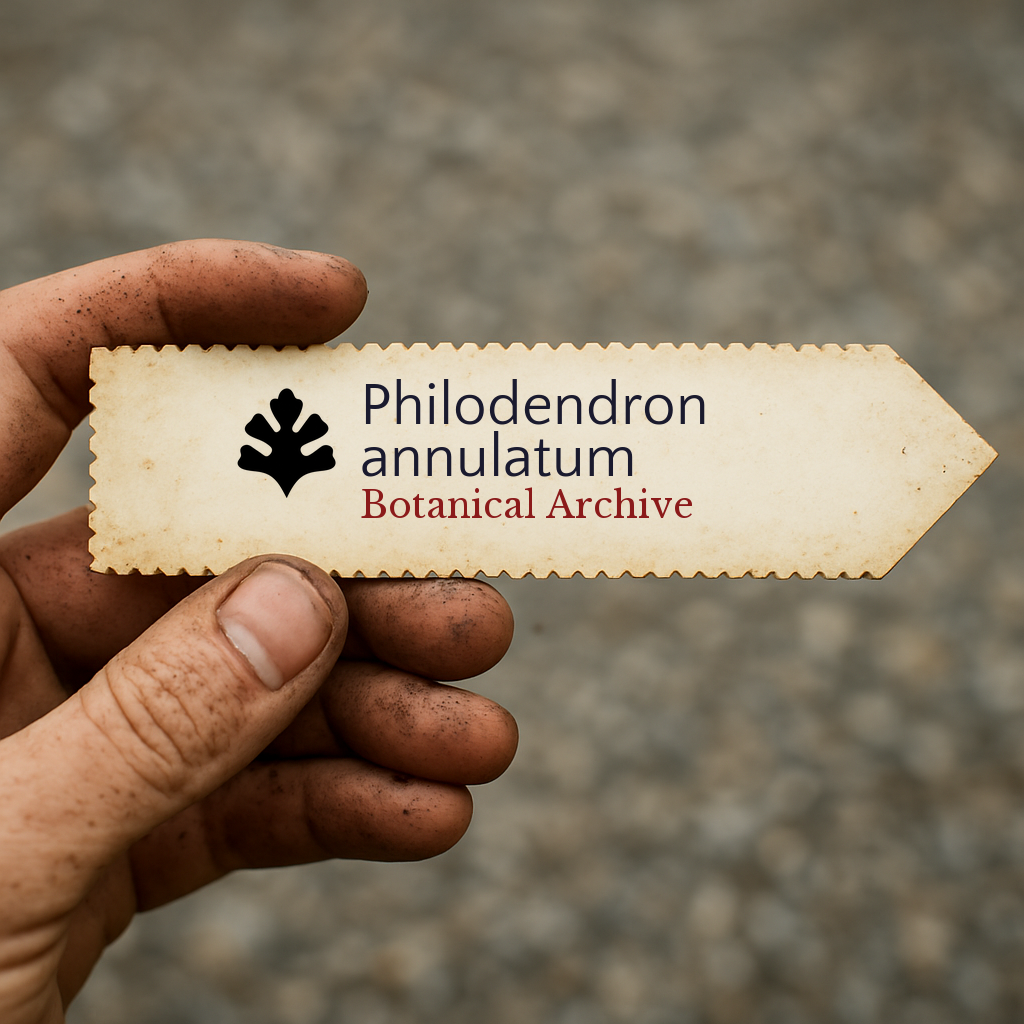 Etichetta per piante stampata per Philodendron annulatum con il logo Botanical Archive tenuta a mano