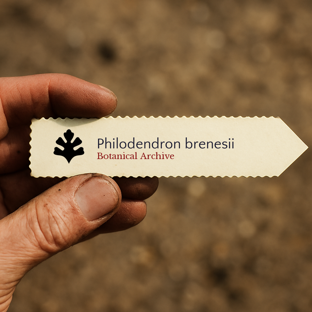 Etichetta stampata per pianta di Philodendron brenesii tenuta in mano con sfondo sfocato di terreno