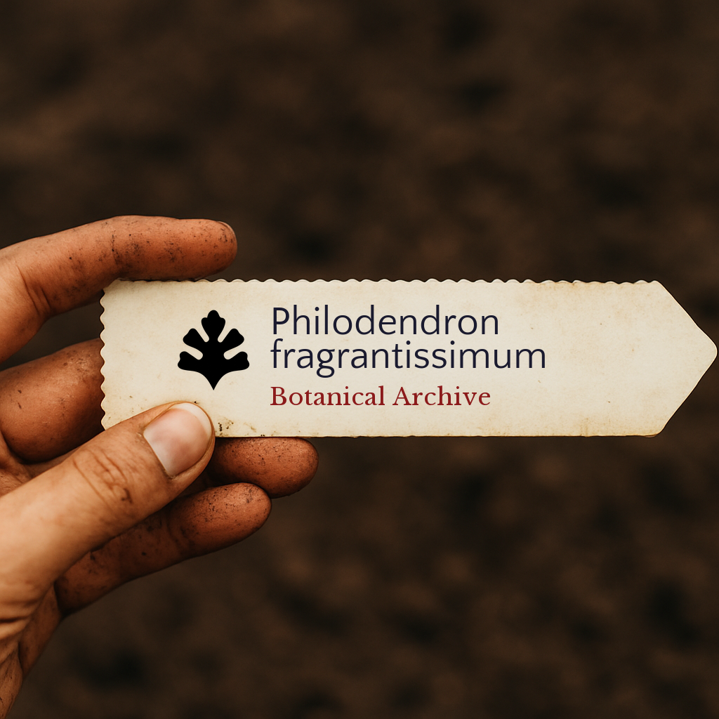 Printed plant label for Philodendron fragrantissimum held by dirty hand over soil background