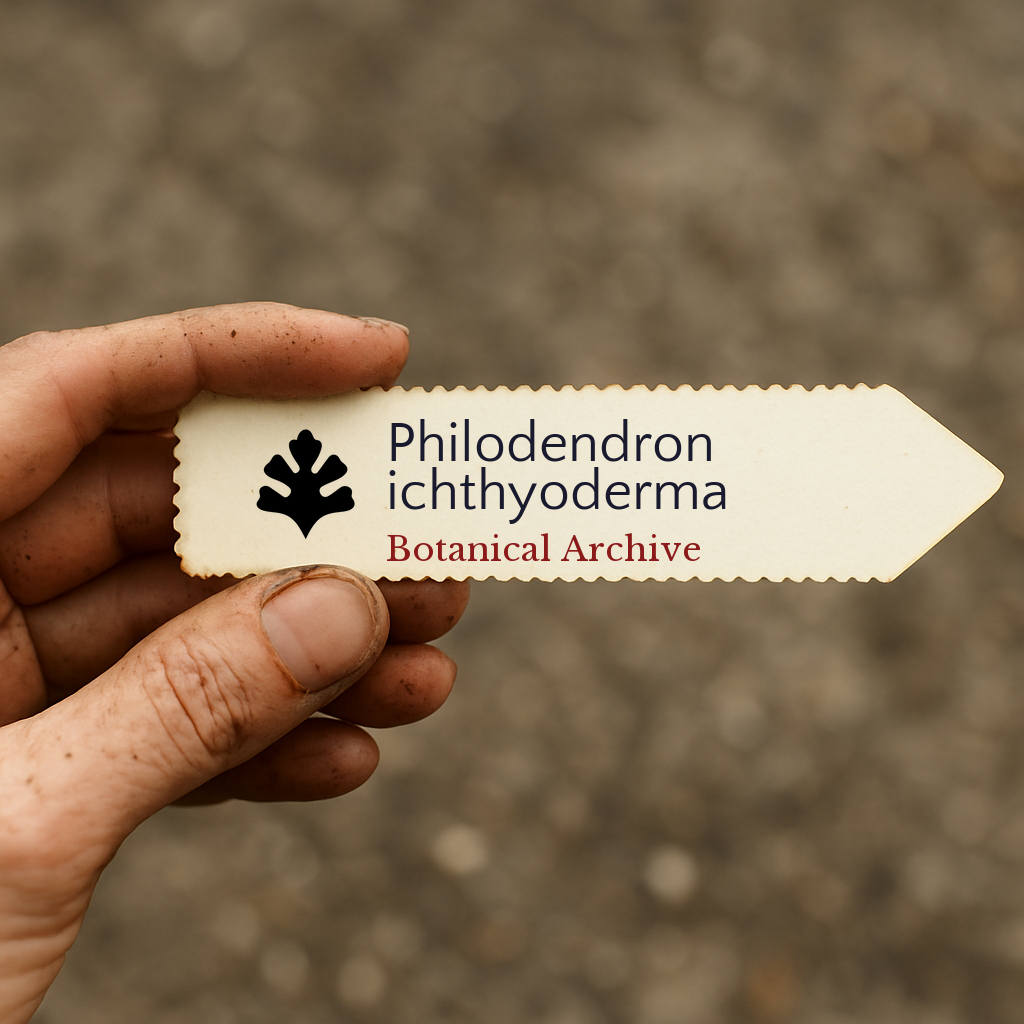 Etichetta stampata per pianta di Philodendron ichthyoderma tenuta a mano con sfondo di terra