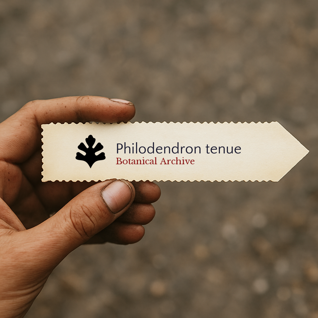 Printed plant label for Philodendron tenue with botanical archive logo held by hand