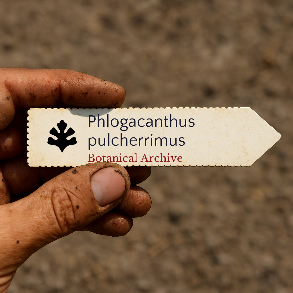 Printed plant label for Phlogacanthus pulcherrimus held by dirty hand outdoors