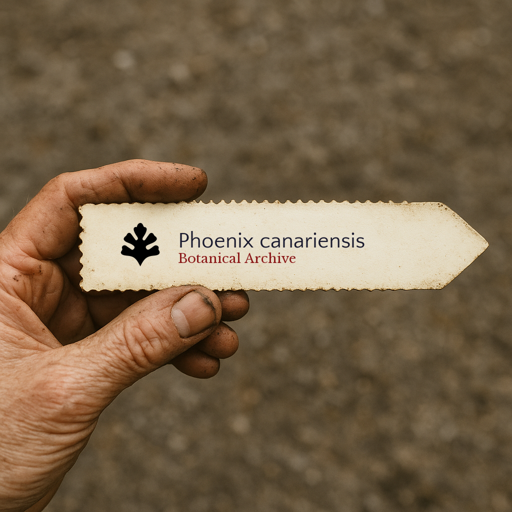 Printed plant label for Phoenix canariensis held by hand with dirt background