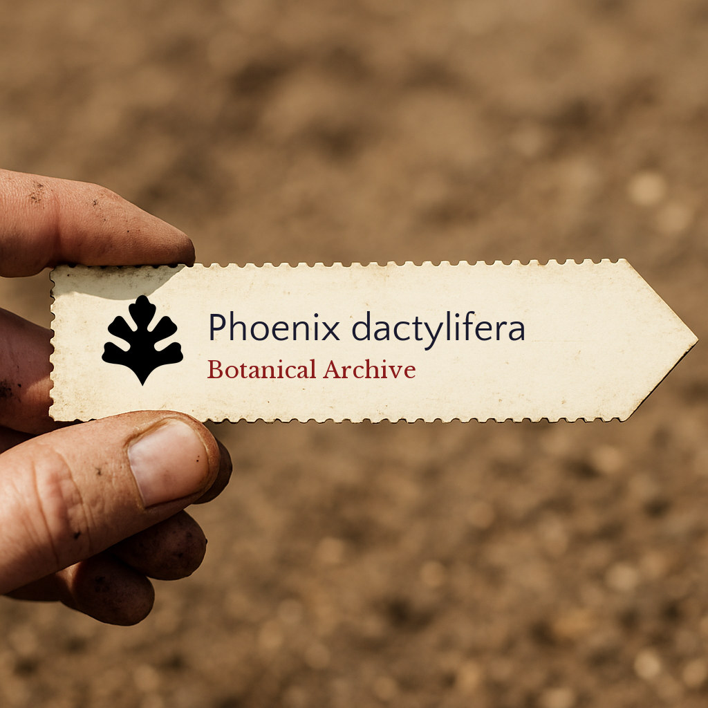 Printed plant label for Phoenix dactylifera held by dirty hand over soil background