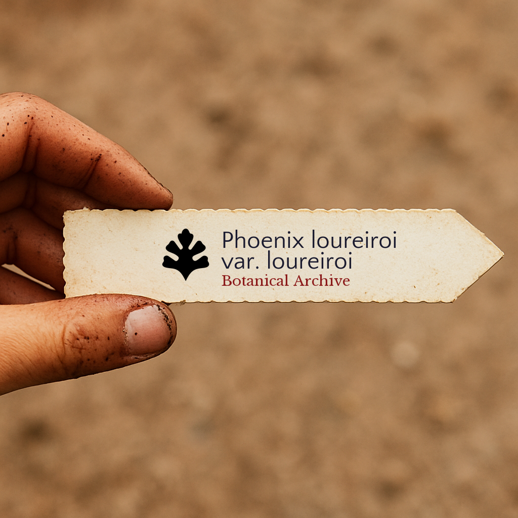 Printed plant label for Phoenix loureiroi var. loureiroi held by dirty hand against soil background