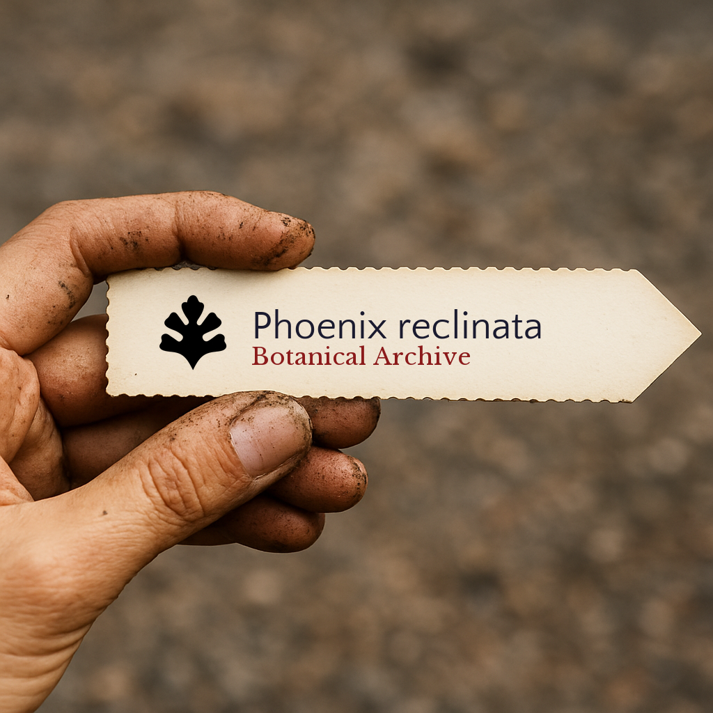 Printed plant label for Phoenix reclinata held by a dirty hand on blurred background