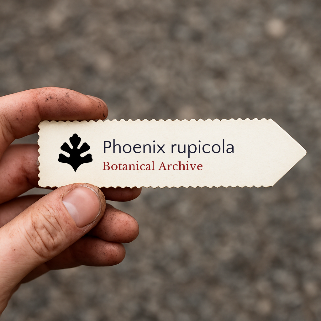 Etichetta per pianta stampata per Phoenix rupicola con il logo di Botanical Archive tenuta in mano