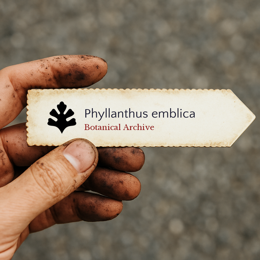 Printed plant label for Phyllanthus emblica held by a gardener with dirty hands