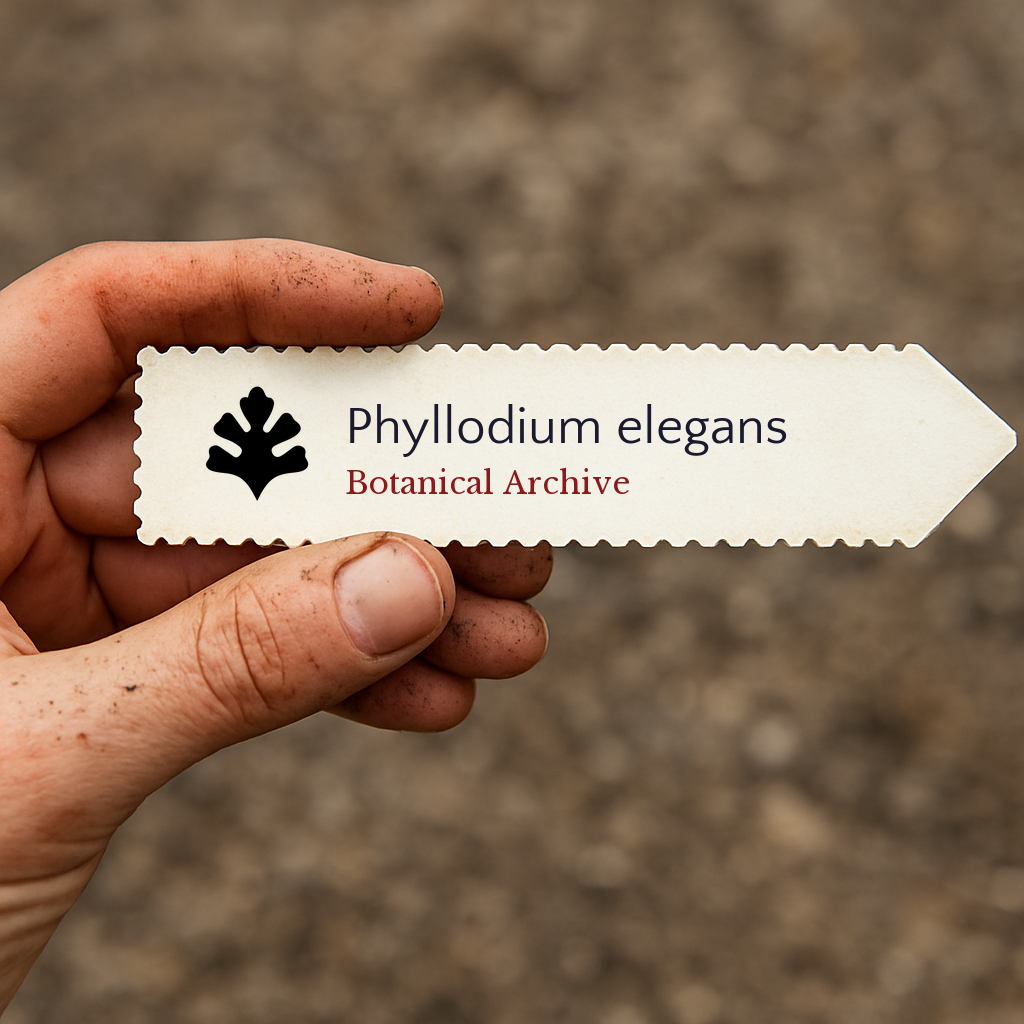 Etichetta stampata per pianta di Phyllodium elegans tenuta da mano sporca contro sfondo di terreno