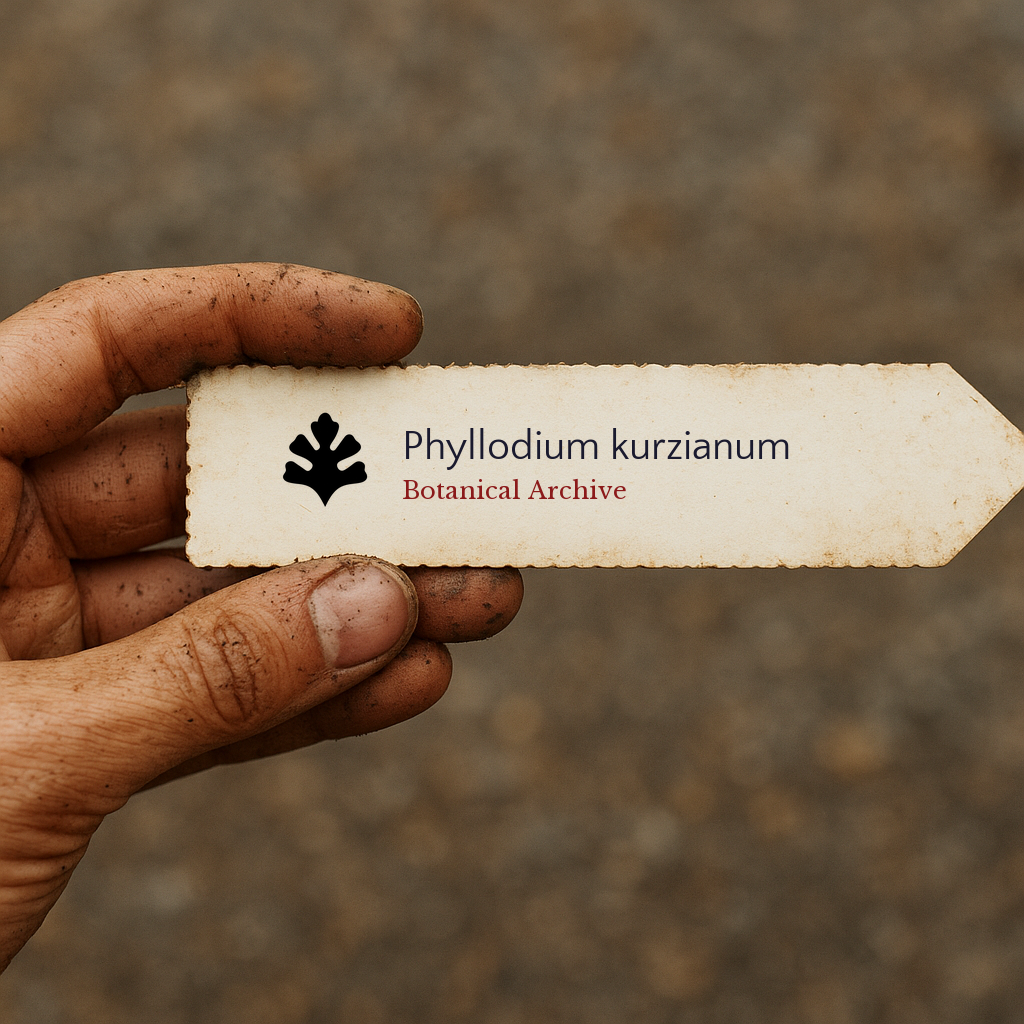 Printed plant label for Phyllodium kurzianum held by a dirt-covered hand outdoors