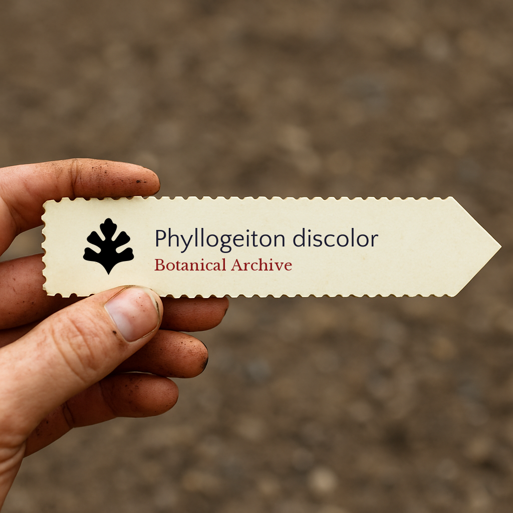Etichetta vegetale stampata per Phyllogeiton discolor con logo Botanical Archive tenuta a mano