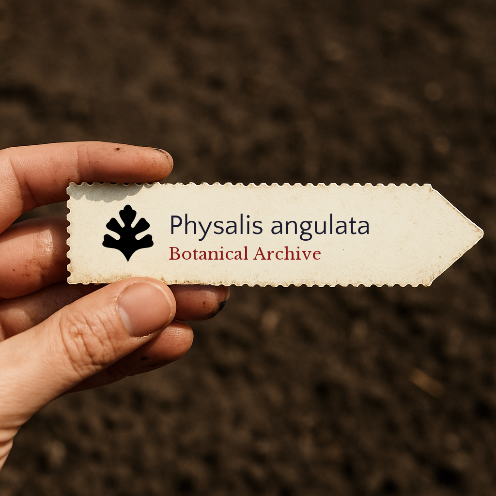 Etichetta per pianta stampata per Physalis angulata tenuta sopra uno sfondo di terreno