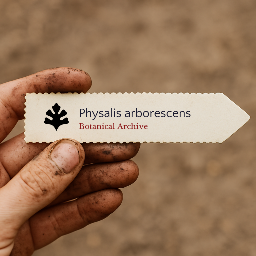 Etichetta stampata della pianta di Physalis arborescens tenuta da una mano sporca contro uno sfondo sfocato