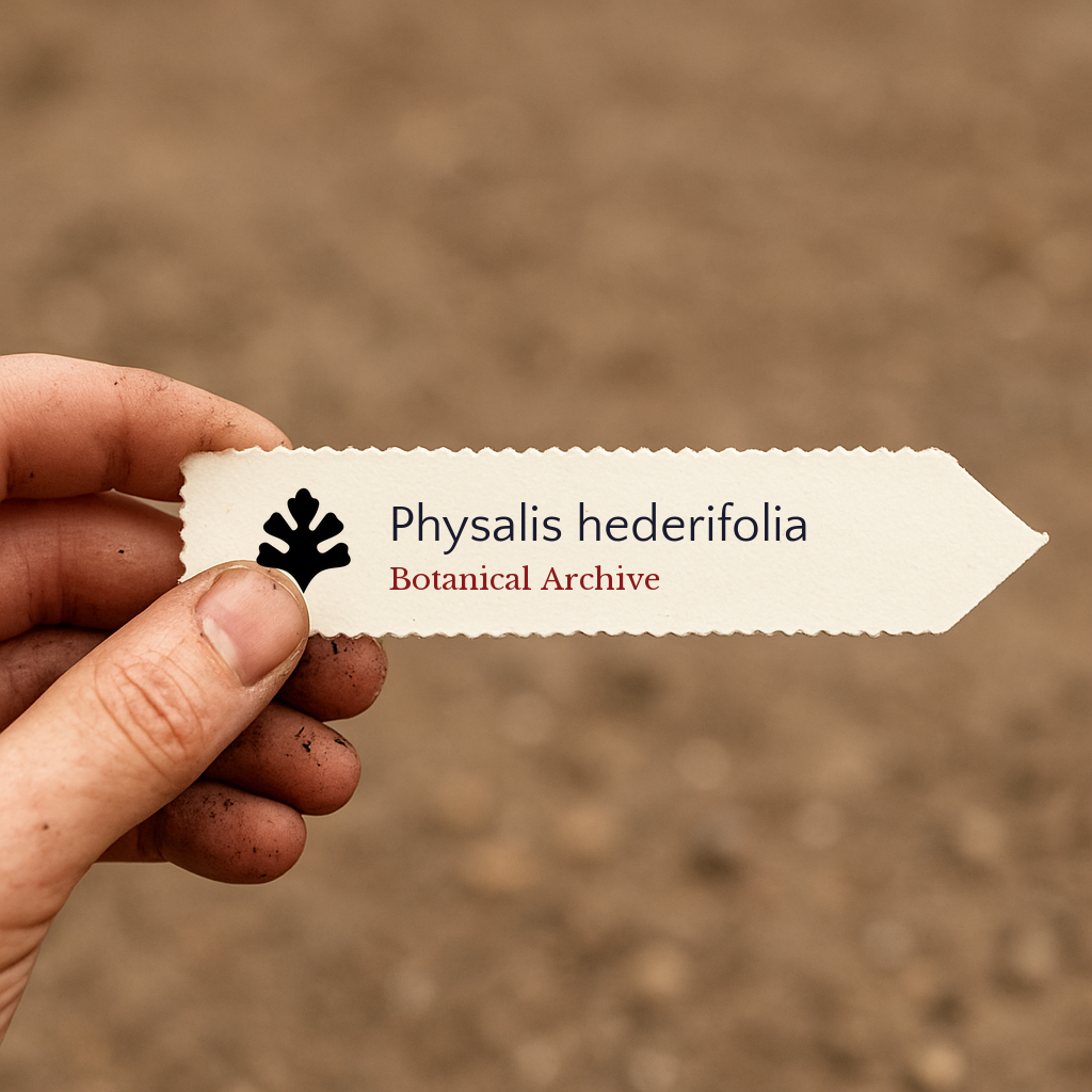 Printed plant label for Physalis hederifolia held by hand over soil background